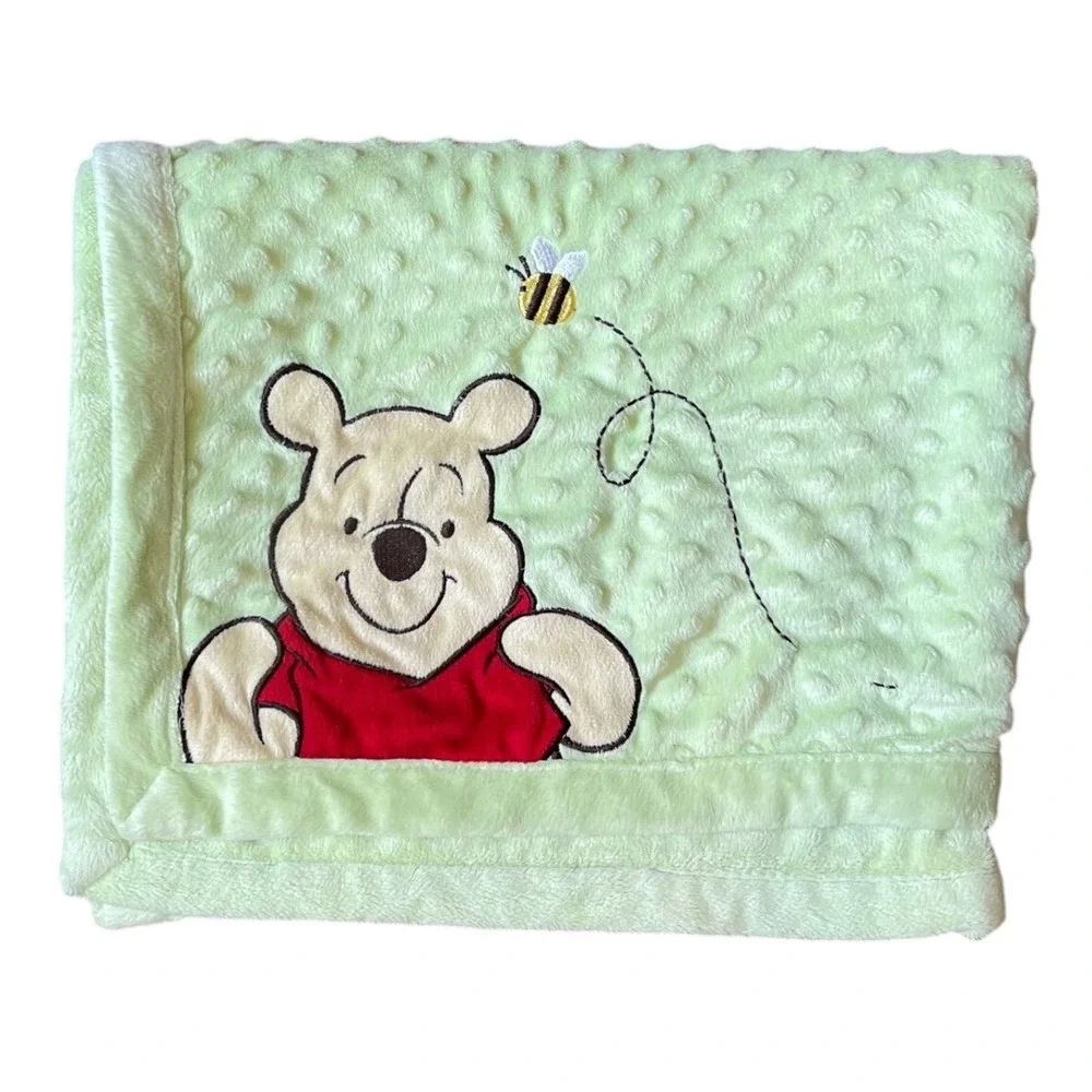 Disney Embroidered‎ Winnie The Pooh Baby Blanket Green Fleece Soft Crib Dot